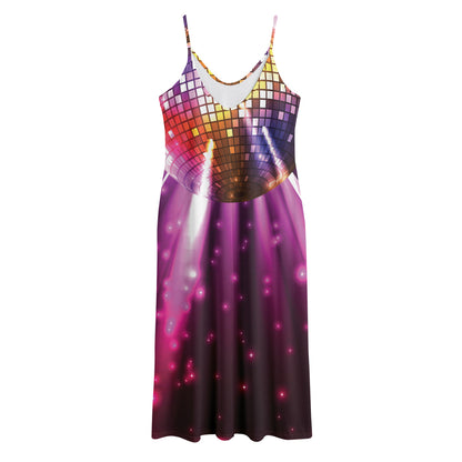 Purple Light Disco Ball Print Jersey Midi Cami Dress