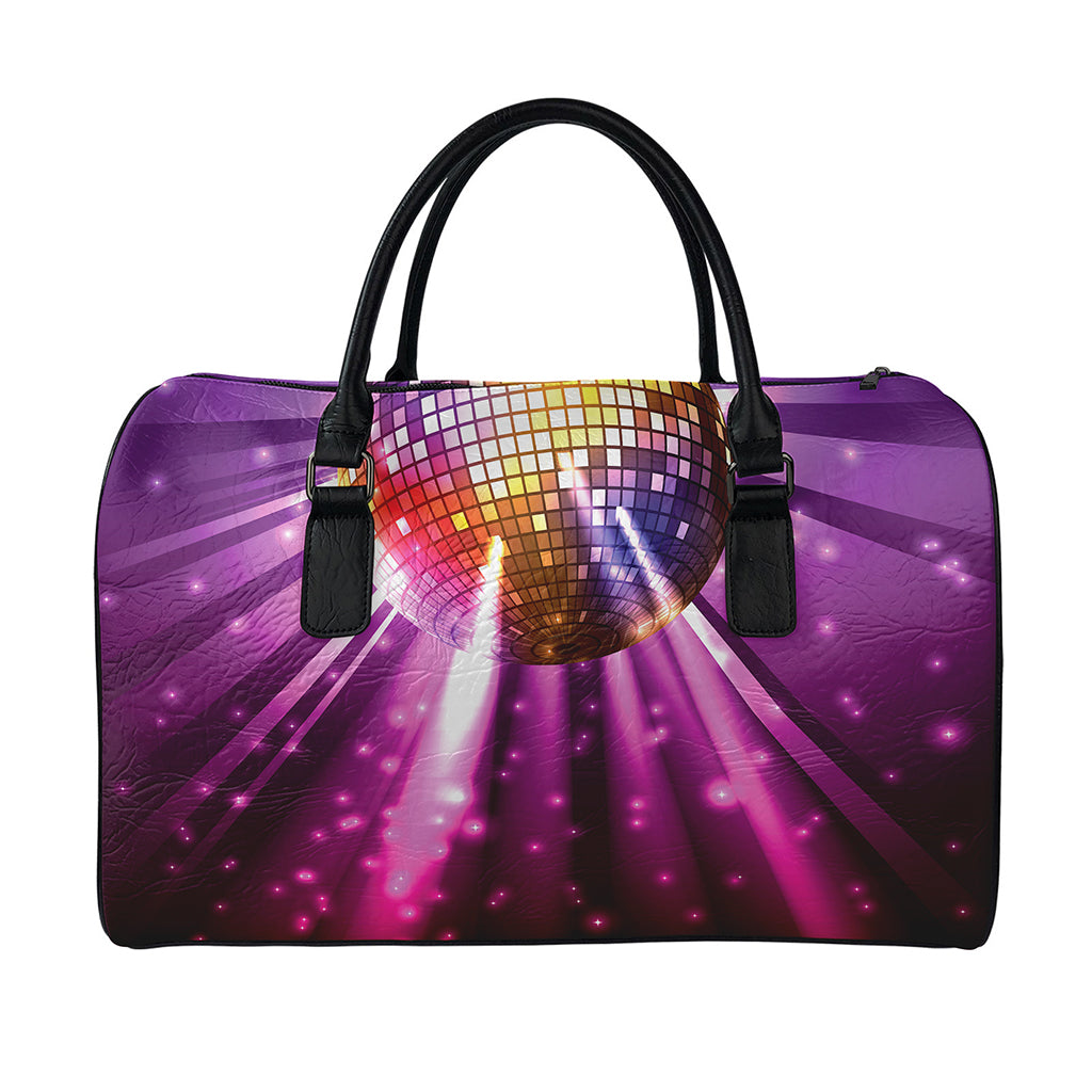 Purple Light Disco Ball Print Leather Duffle Bag