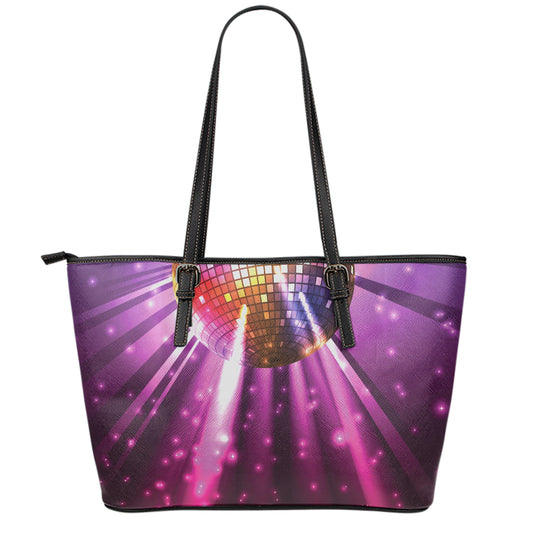 Purple Light Disco Ball Print Leather Tote Bag