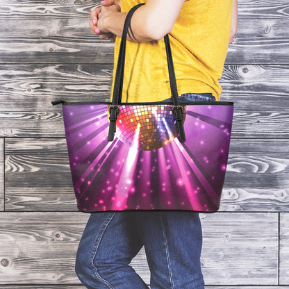 Purple Light Disco Ball Print Leather Tote Bag
