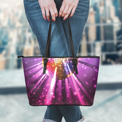 Purple Light Disco Ball Print Leather Tote Bag