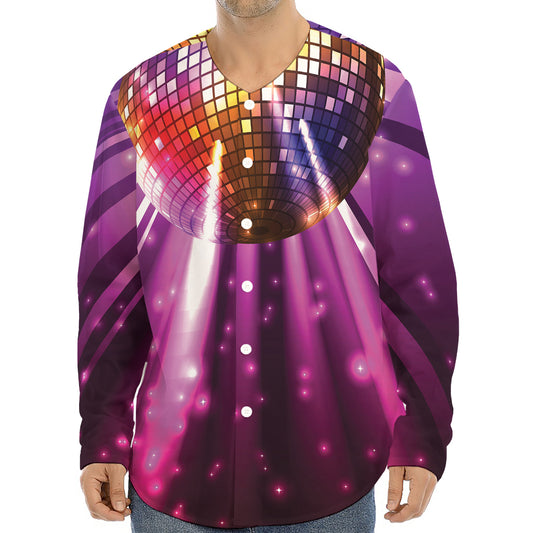 Purple Light Disco Ball Print Long Sleeve Baseball Jersey