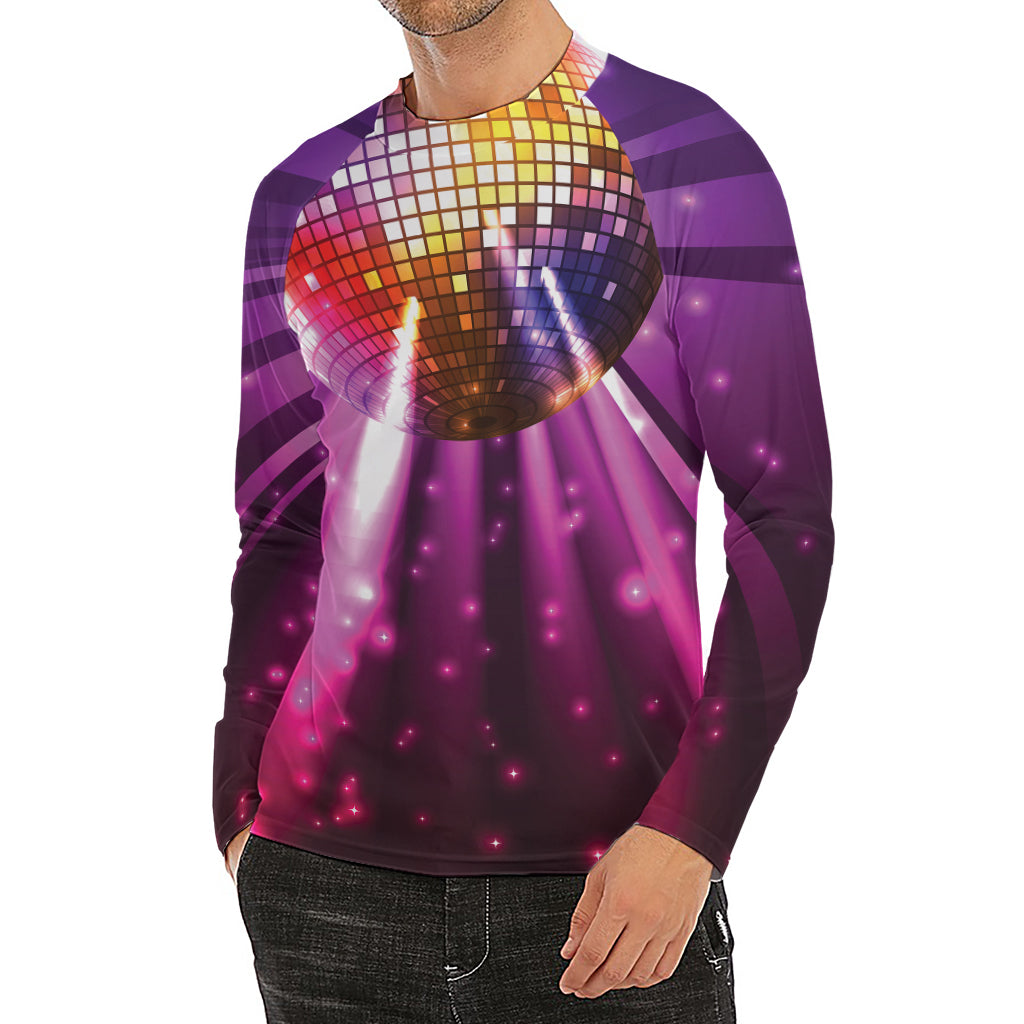 Purple Light Disco Ball Print Men's Long Sleeve Rash Guard