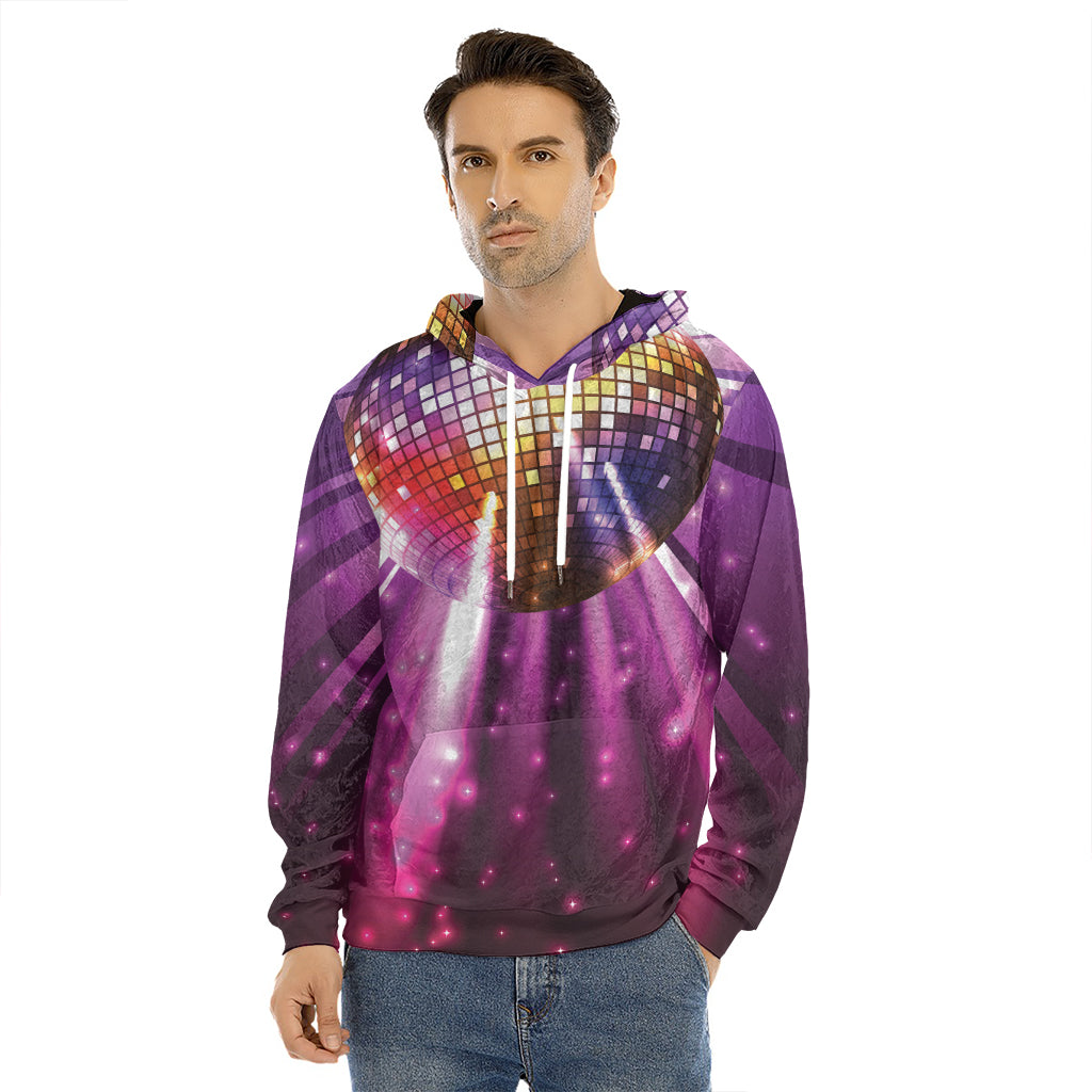 Purple Light Disco Ball Print Men's Velvet Pullover Hoodie