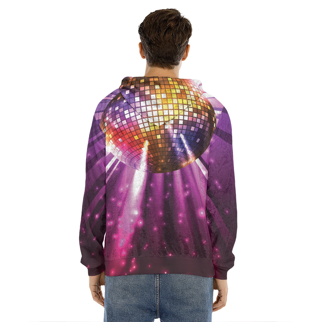 Purple Light Disco Ball Print Men's Velvet Pullover Hoodie