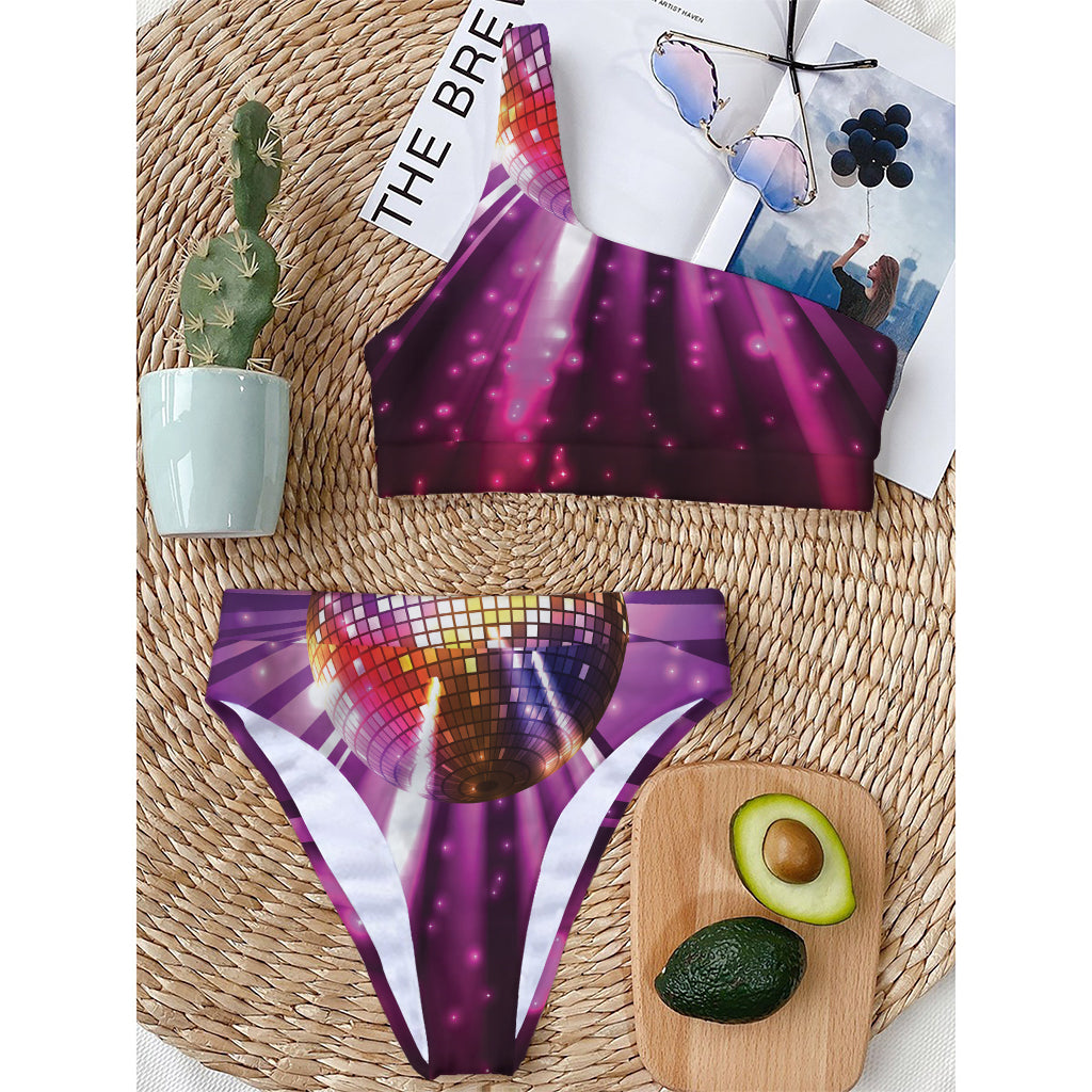Purple Light Disco Ball Print One Shoulder Bikini Top