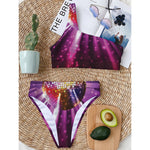 Purple Light Disco Ball Print One Shoulder Bikini Top