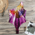 Purple Light Disco Ball Print One Shoulder Bodysuit