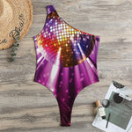 Purple Light Disco Ball Print One Shoulder Bodysuit
