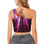 Purple Light Disco Ball Print One Shoulder Crop Top