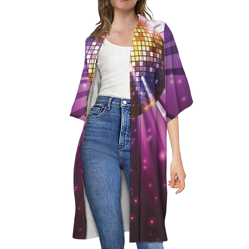 Purple Light Disco Ball Print Open Front Beach Cover Up
