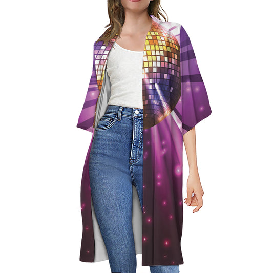 Purple Light Disco Ball Print Open Front Beach Cover Up