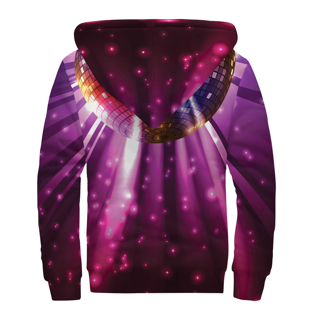 Purple Light Disco Ball Print Sherpa Lined Zip Up Hoodie
