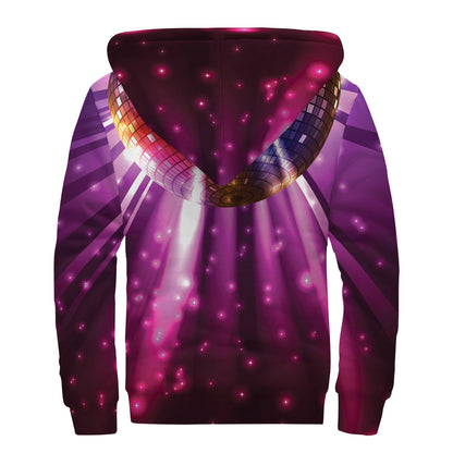 Purple Light Disco Ball Print Sherpa Lined Zip Up Hoodie