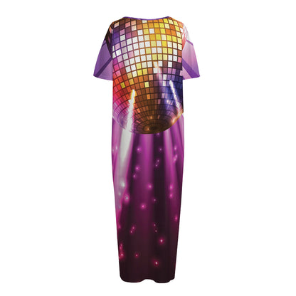 Purple Light Disco Ball Print Short Sleeve Long Nightdress