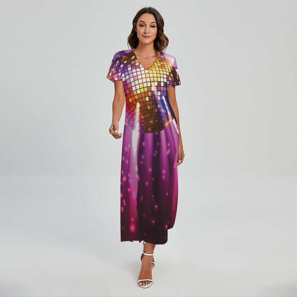 Purple Light Disco Ball Print Short Sleeve Maxi Dress