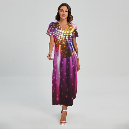 Purple Light Disco Ball Print Short Sleeve Maxi Dress