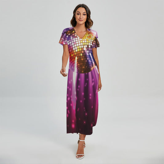 Purple Light Disco Ball Print Short Sleeve Maxi Dress