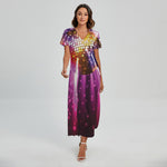 Purple Light Disco Ball Print Short Sleeve Maxi Dress