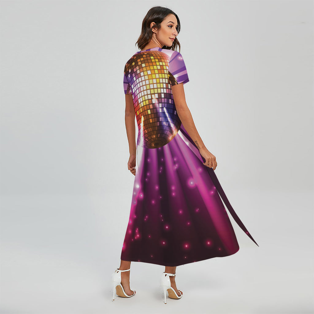 Purple Light Disco Ball Print Short Sleeve Maxi Dress
