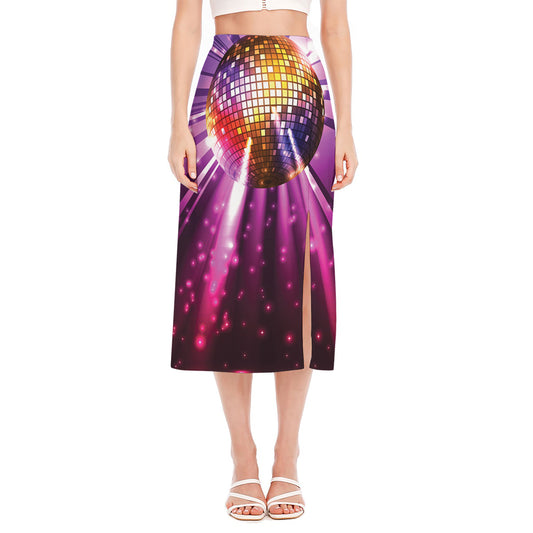 Purple Light Disco Ball Print Side Slit Midi Skirt