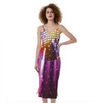 Purple Light Disco Ball Print Slim Fit Midi Cami Dress