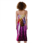 Purple Light Disco Ball Print Slim Fit Midi Cami Dress