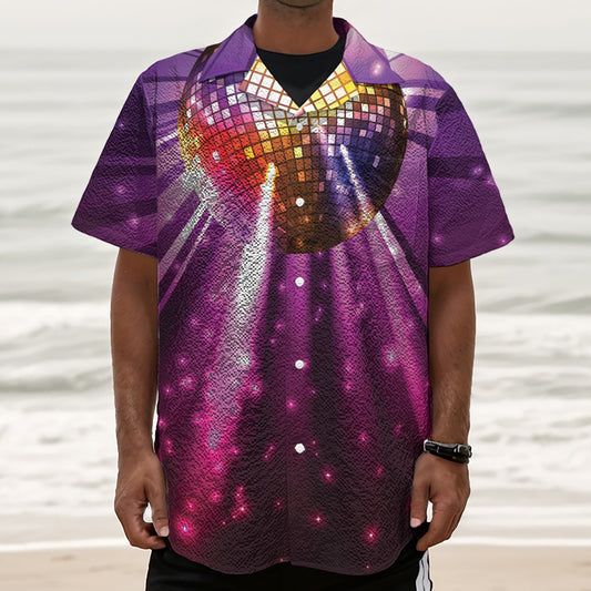 Purple Light Disco Ball Print Textured Short Sleeve Shirt