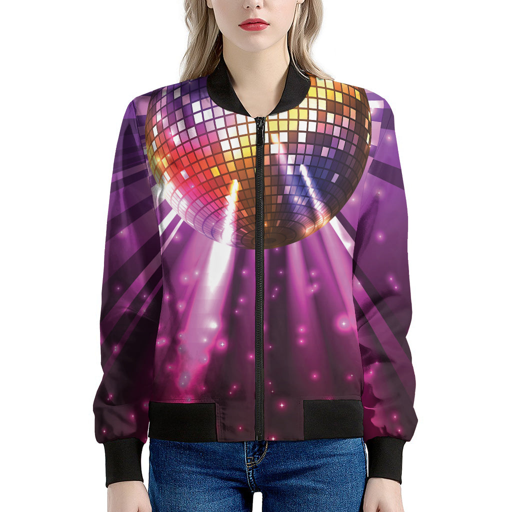 Purple Light Disco Ball Print Women's Bomber Jacket