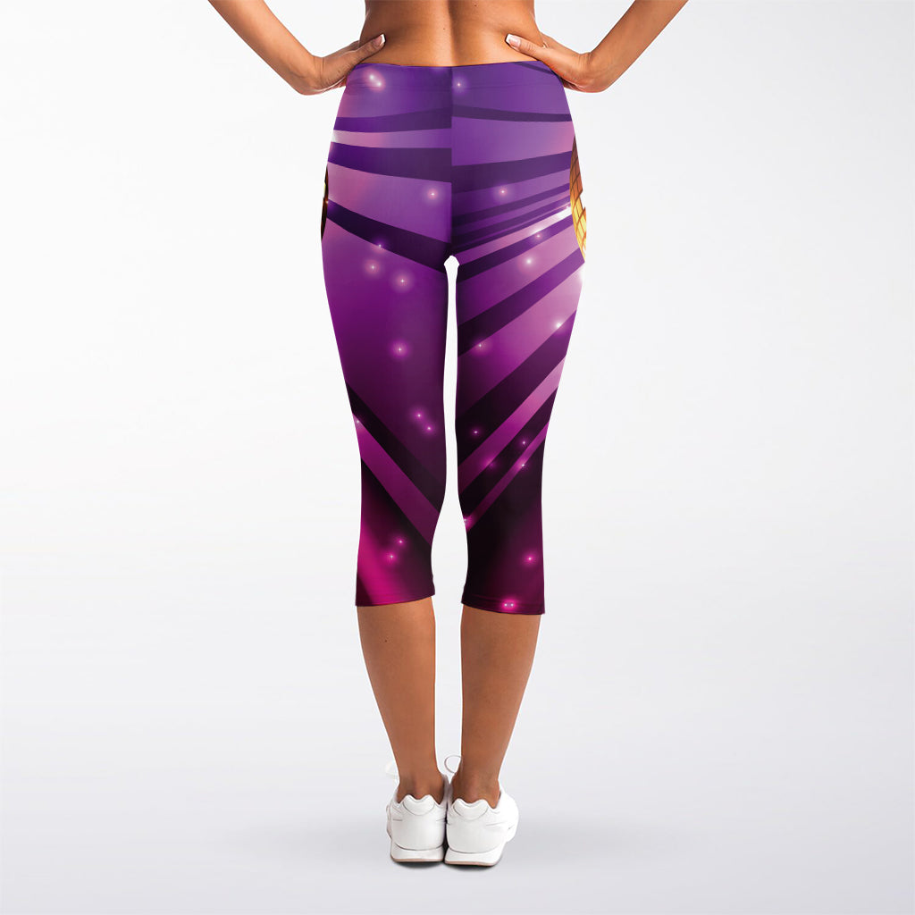 Purple Light Disco Ball Print Women's Capri Leggings