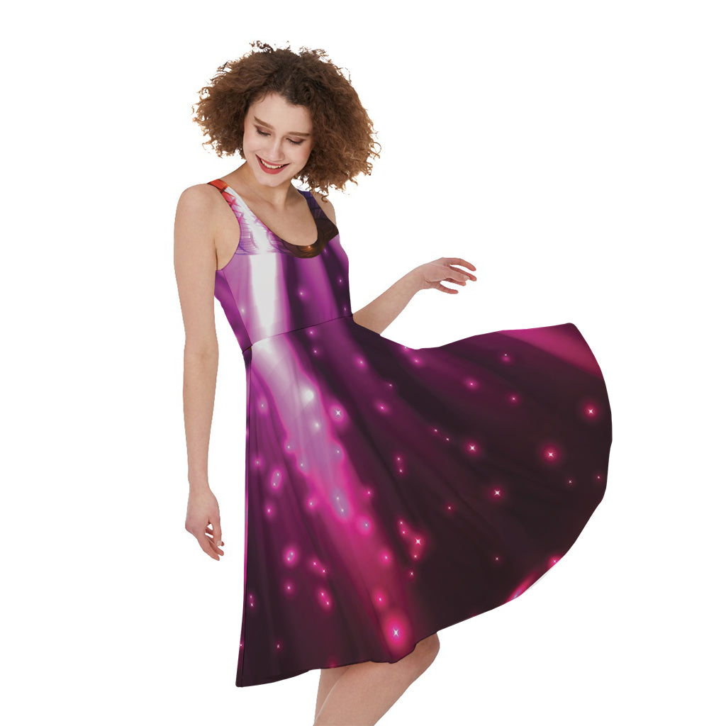 Purple Light Disco Ball Print Women's Sleeveless Dress