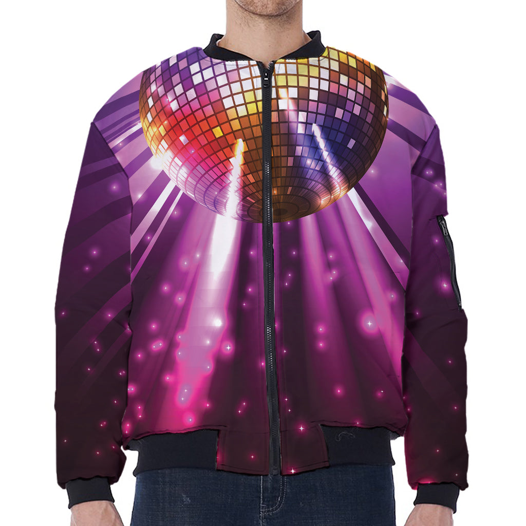 Purple Light Disco Ball Print Zip Sleeve Bomber Jacket