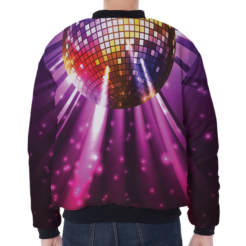 Purple Light Disco Ball Print Zip Sleeve Bomber Jacket