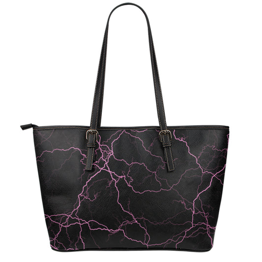 Purple Lightning Print Leather Tote Bag