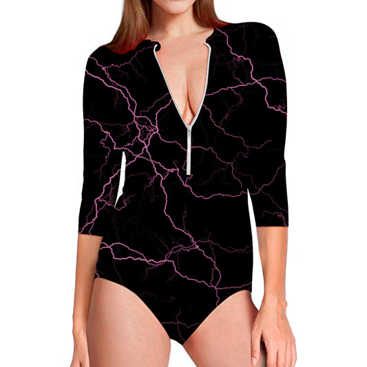 Purple Lightning Print Long Sleeve Swimsuit