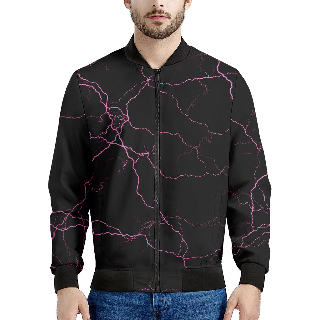 Purple Lightning Print Men's Bomber Jacket