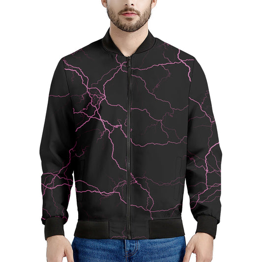Purple Lightning Print Men's Bomber Jacket
