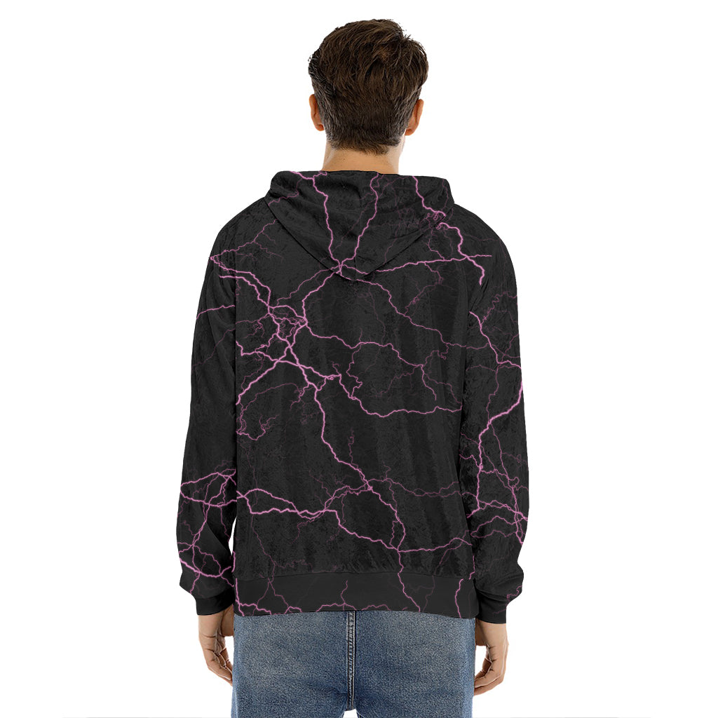 Purple Lightning Print Men's Velvet Pullover Hoodie