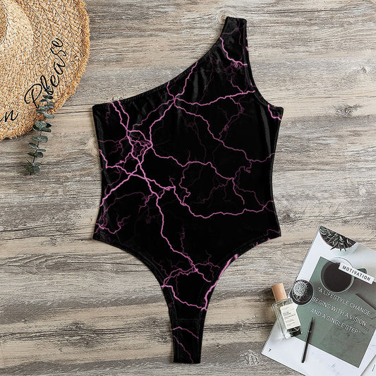 Purple Lightning Print One Shoulder Bodysuit