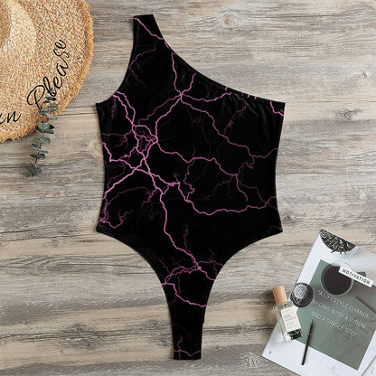 Purple Lightning Print One Shoulder Bodysuit