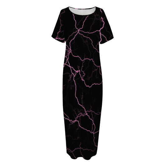 Purple Lightning Print Short Sleeve Long Nightdress