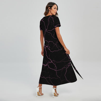 Purple Lightning Print Short Sleeve Maxi Dress