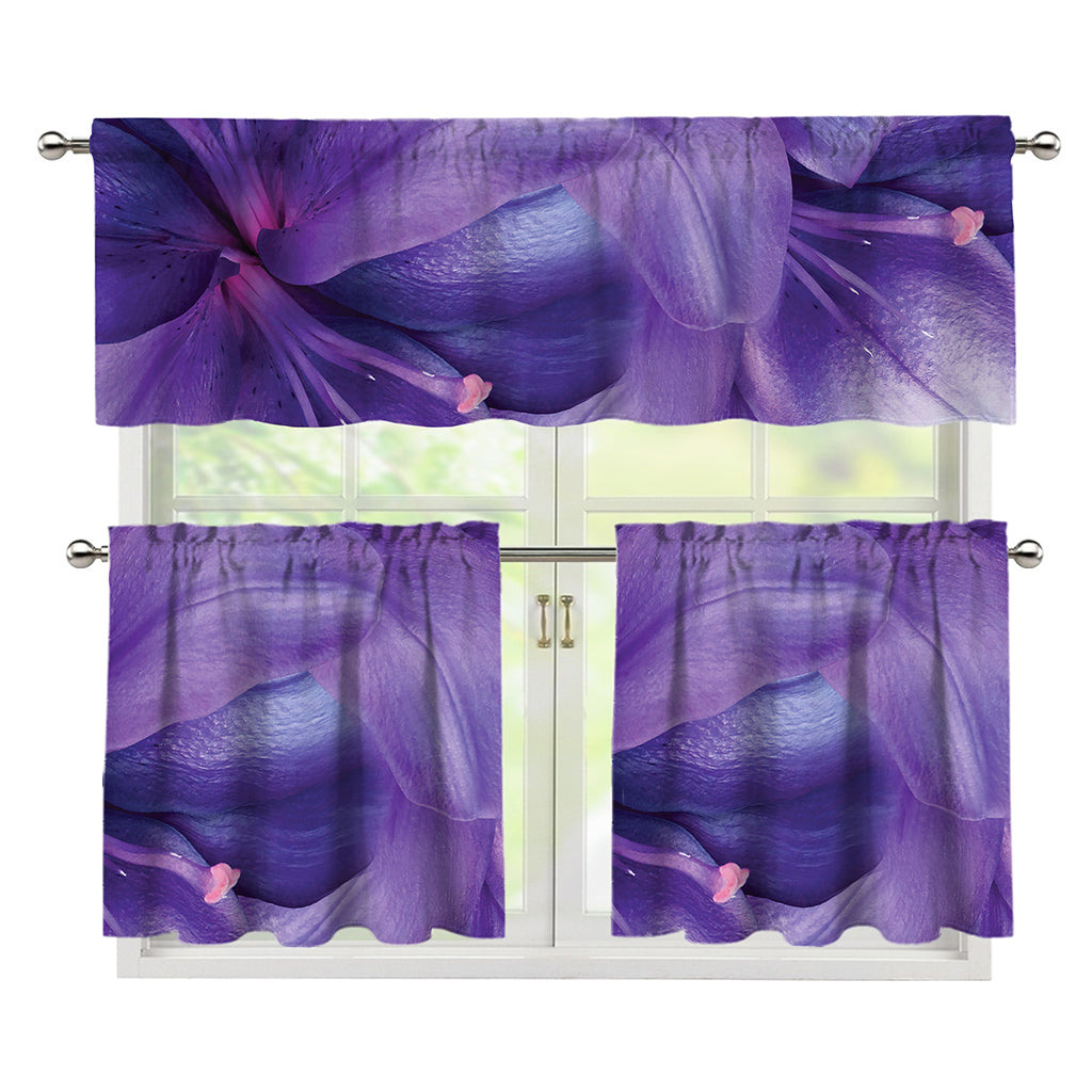 Purple Lily Flower Print 3 Piece Kitchen Curtains