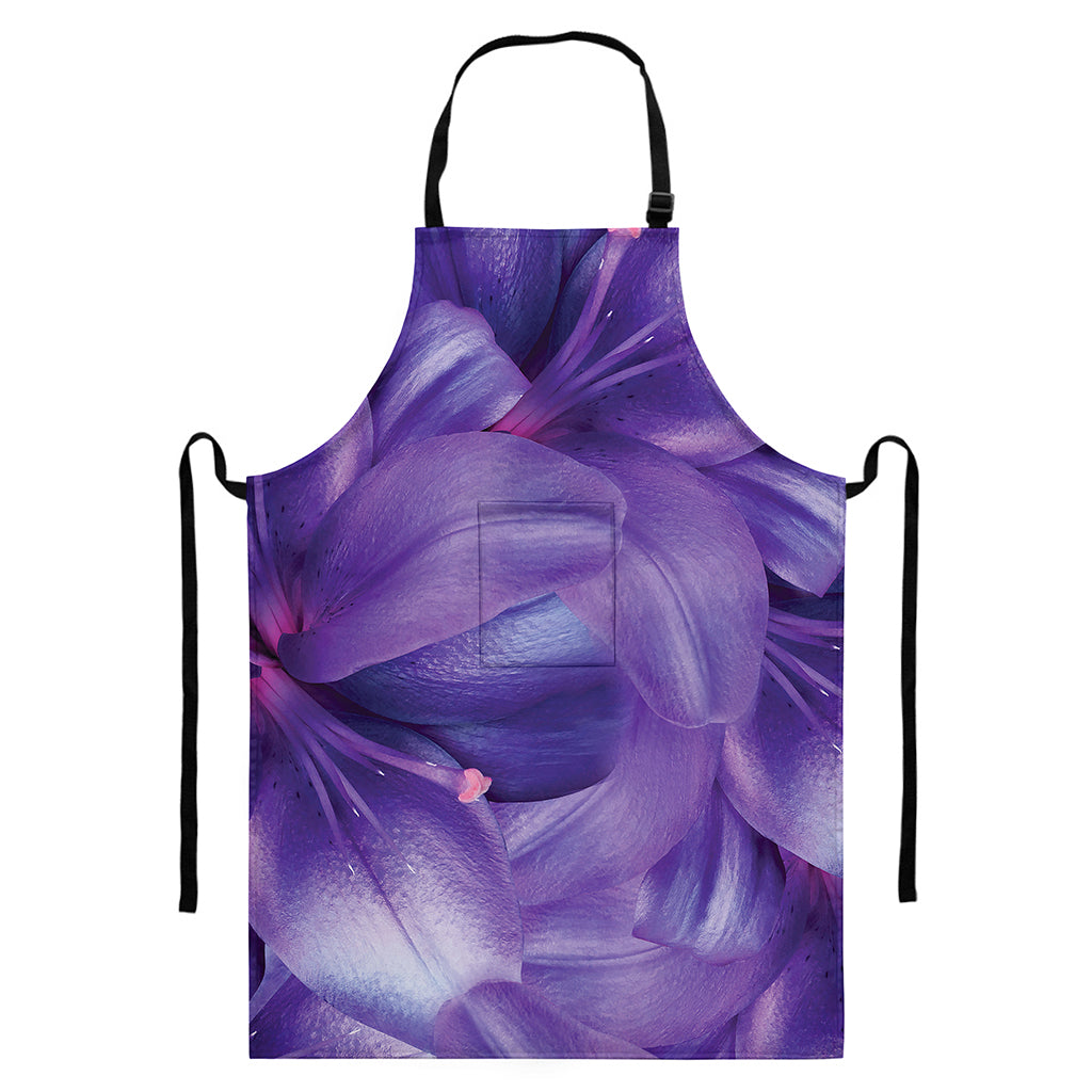 Purple Lily Flower Print Bib Apron With Pocket