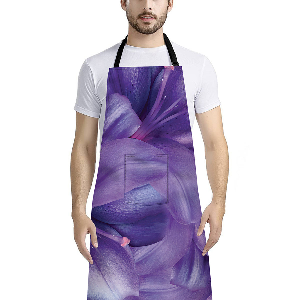Purple Lily Flower Print Bib Apron With Pocket