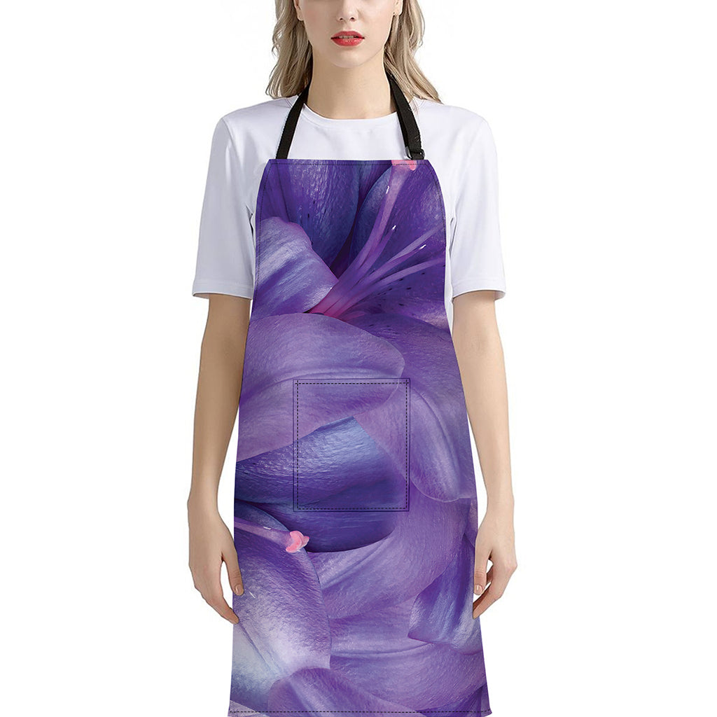 Purple Lily Flower Print Bib Apron With Pocket