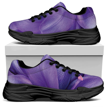 Purple Lily Flower Print Black Chunky Shoes