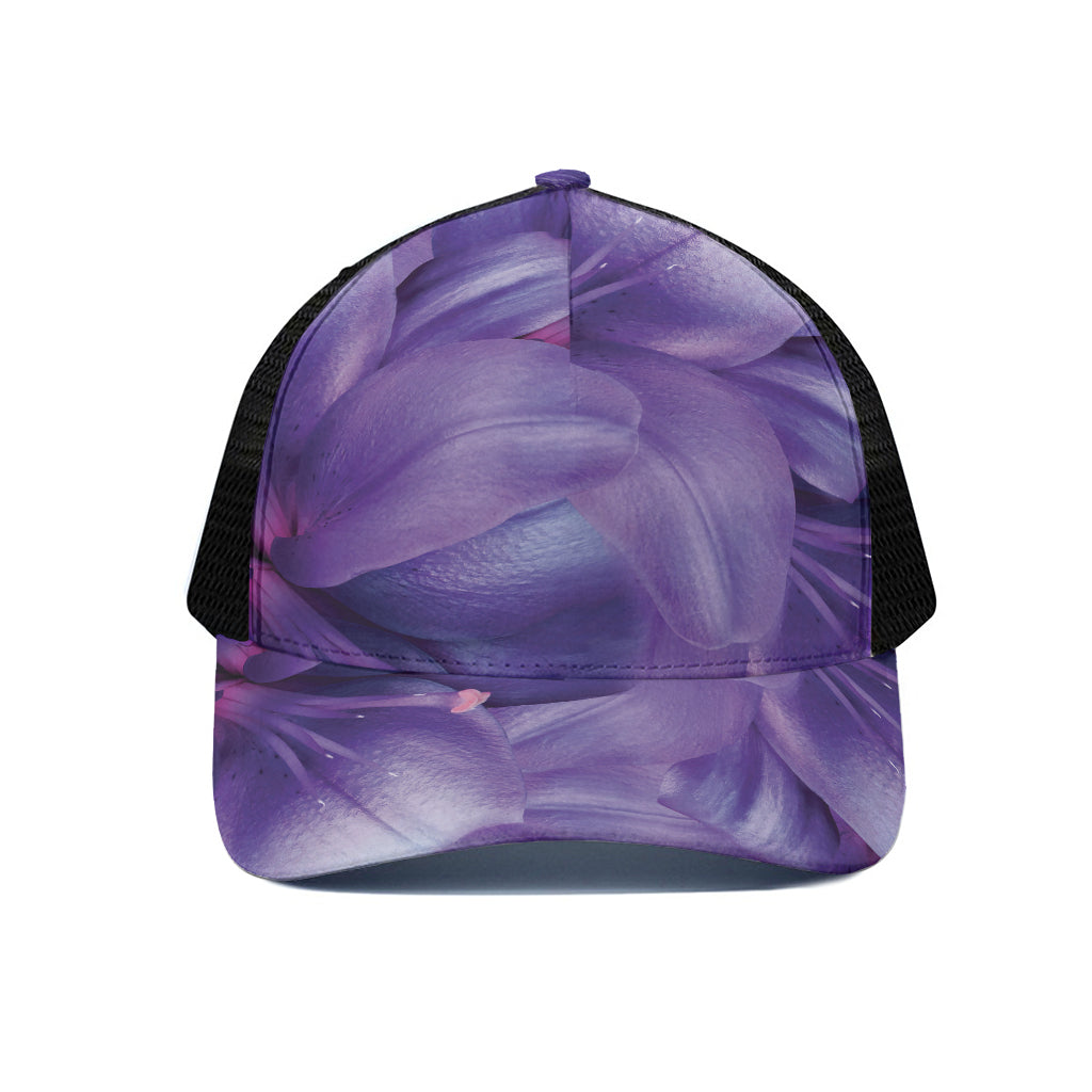 Purple Lily Flower Print Black Mesh Trucker Cap