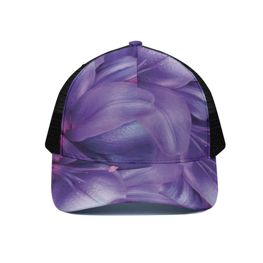 Purple Lily Flower Print Black Mesh Trucker Cap