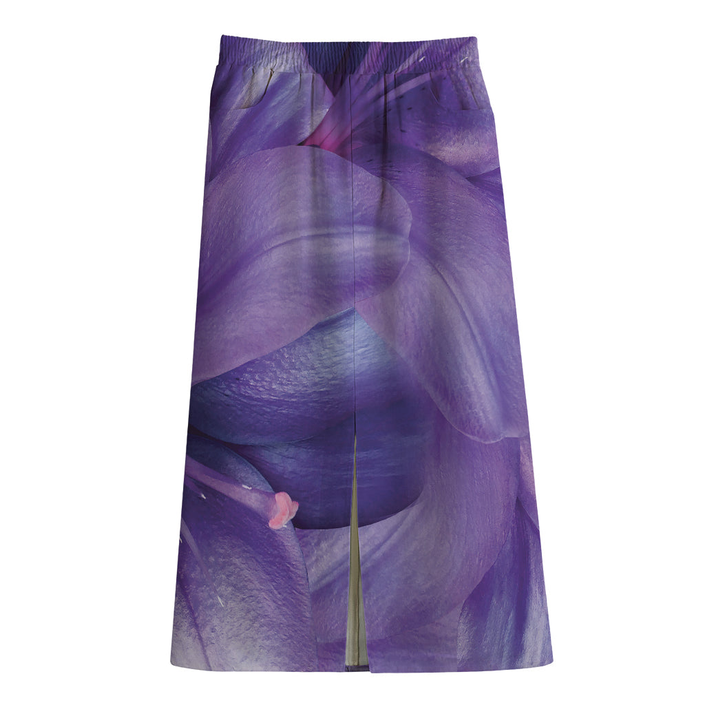 Purple Lily Flower Print Cotton Front Slit Maxi Skirt